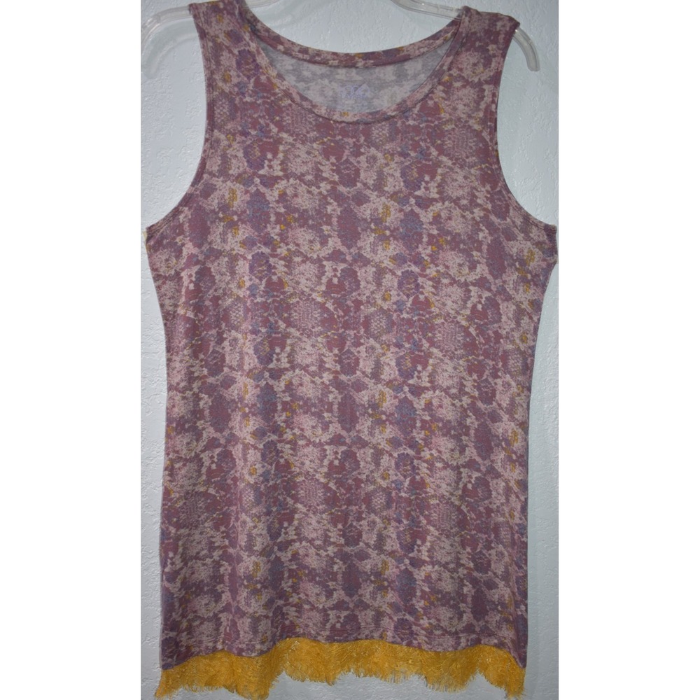 LOGO Layers Tunic Tank LARGE Abstract Print Stretch Knit‎ Top LACE Hem Longline